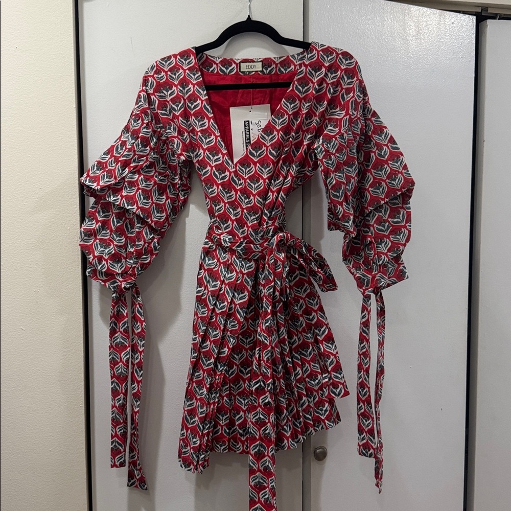 Eloise Red Printed Mini Wrap Dress by EDDY